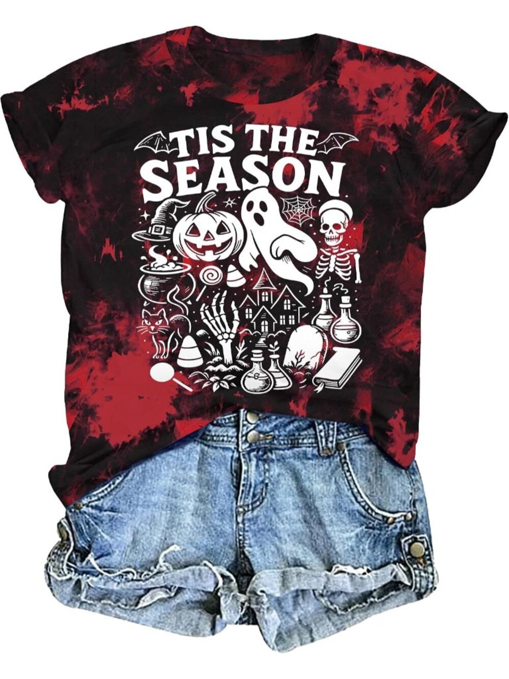 🆕 Womens Tis The Season Halloween Red Black Tie Dye Short Sleeve Casual Tee